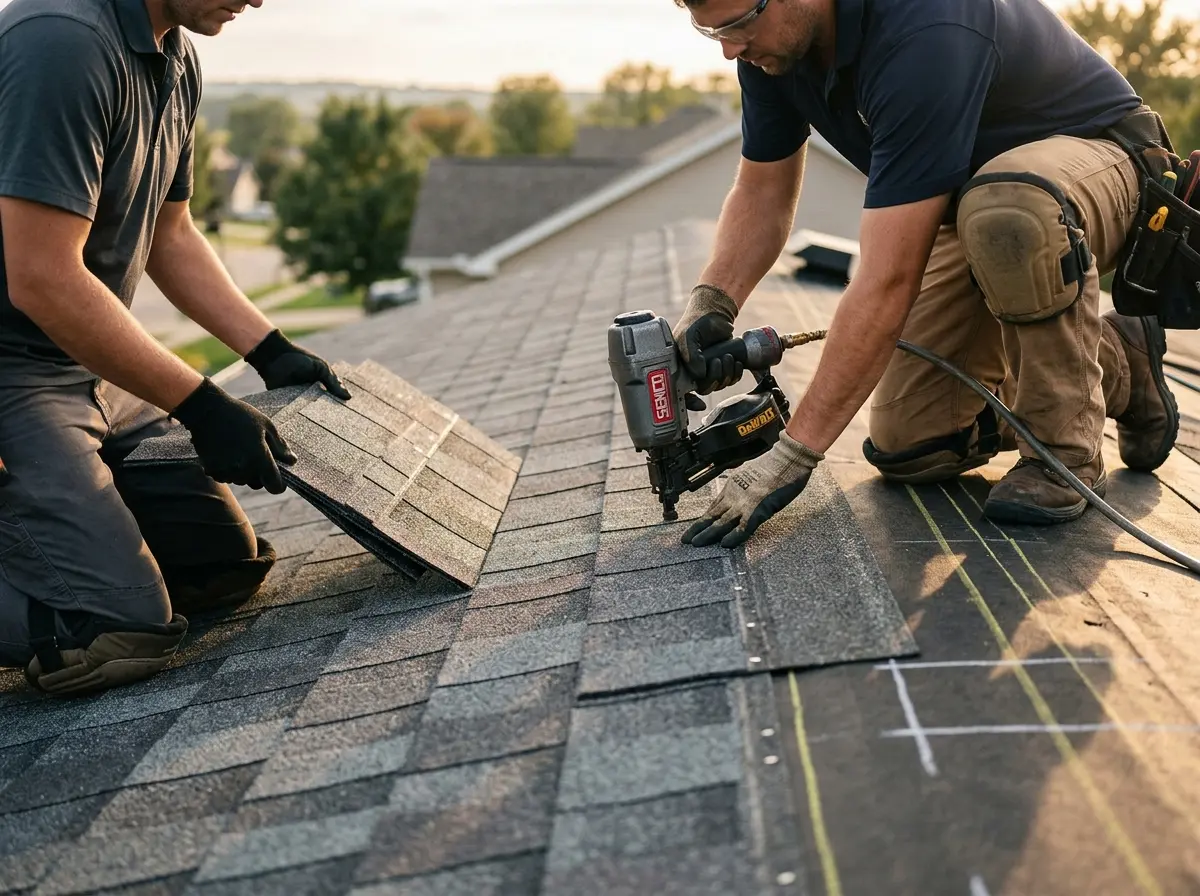 Professional roofer working on a residential roof in West Haven